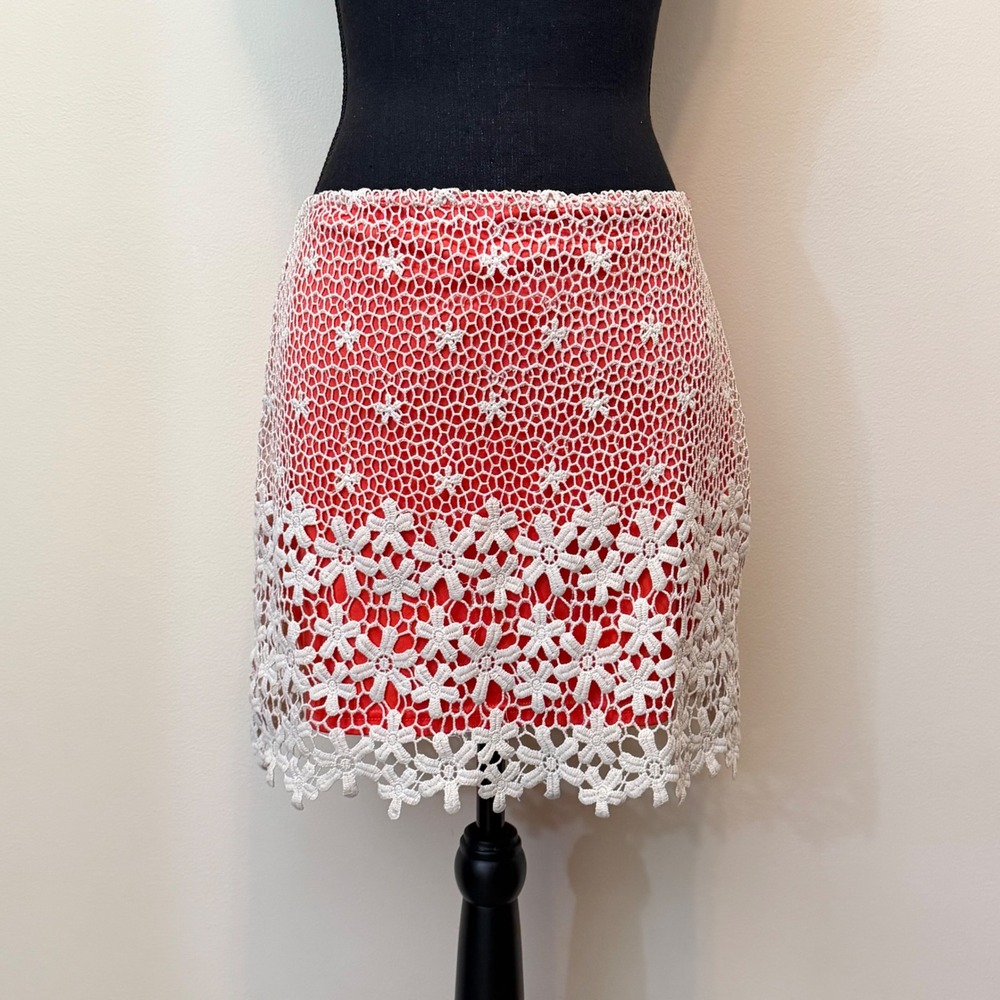 illa illa Womens M? Floral Crochet Lace Mini Skirt Orange Gray Boho Lined Beach